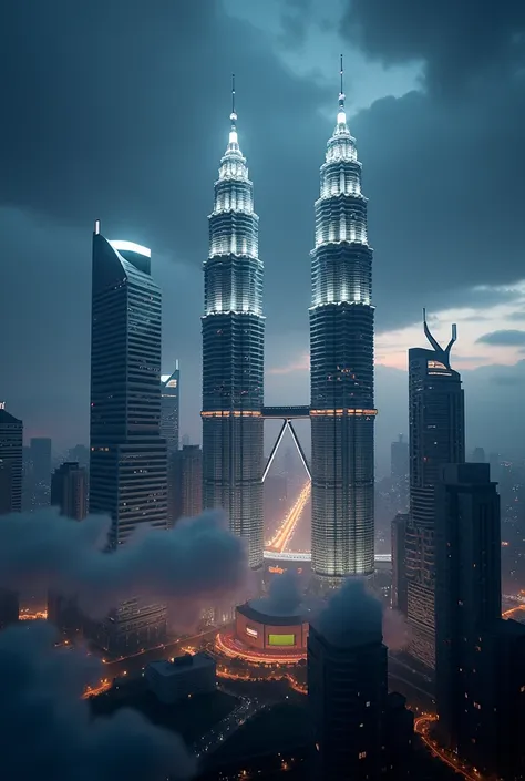 a stunning detailed 3d render of a futuristic city skyline at night, Kuala Lumpur city towers with corn tower, cinematic dramatic lighting, hyper realistic, dramatic clouds, award winning, intricate details, highly detailed, 8k, photorealistic