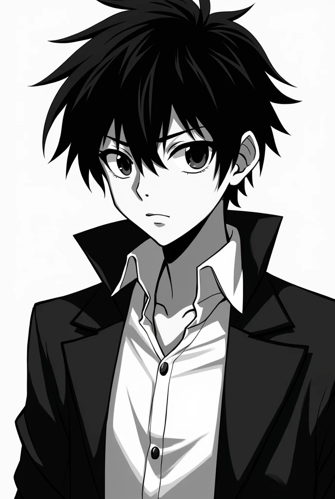 White black theme Anime boy black hair white shirt with black jacket 