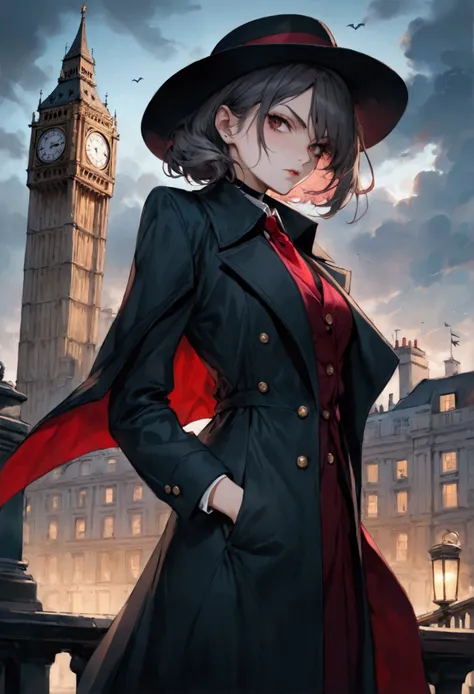 classy vampire hunter,badass girl,classic,london city background,mafia style