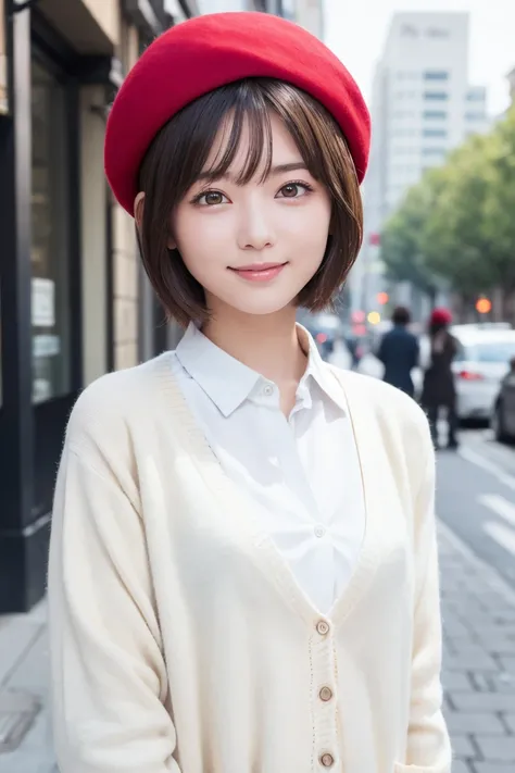 One Woman, (Beautiful woman, Delicate woman:1.3), (Age 25:1.3),
break, (White blouse:1.3), (Cream colored cardigan:1.3), (Red Beret:1.3),
break, Definition of very fine particles, (Symmetrical eyes:1.3),
break, (Street Snap:1.3), 
break, Ample breasts, iri...