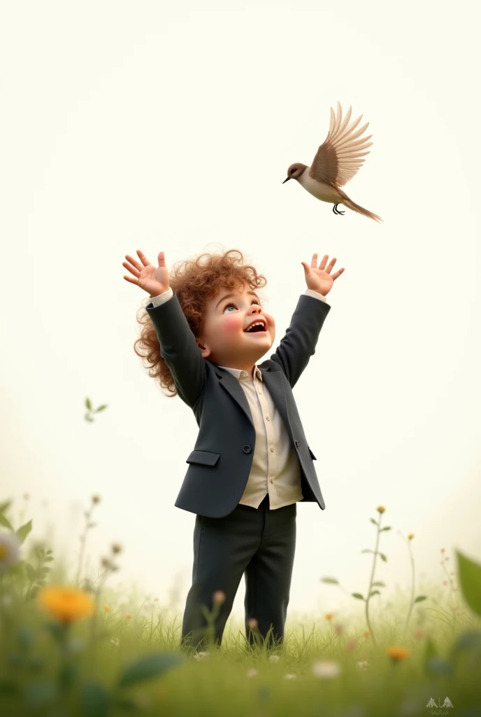 (photorealism:1.2), beautiful kid, sstanding on grass, wearing cute suit,curly hair,outdoors, soft lighting, white background,raising hands,looking at flying little bird 