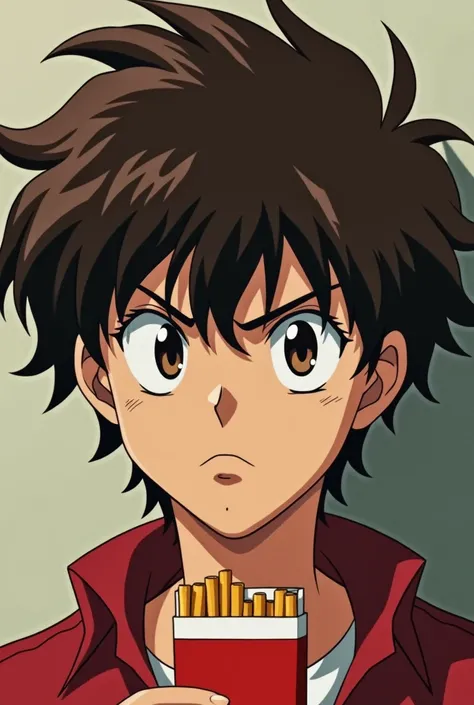 Chico, serious face, frown, brown eyes and curly hair, 90s anime style, smoking, with a pack of red cigarettes.
Medium grain film image style