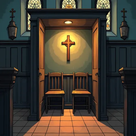 An illustration of a confession booth in a church. The scene includes two empty seats, "
        "one on each side of a partition, which separates the seats. The booth is inside a dimly lit, "
        "reverent church setting with religious symbols subtly ...