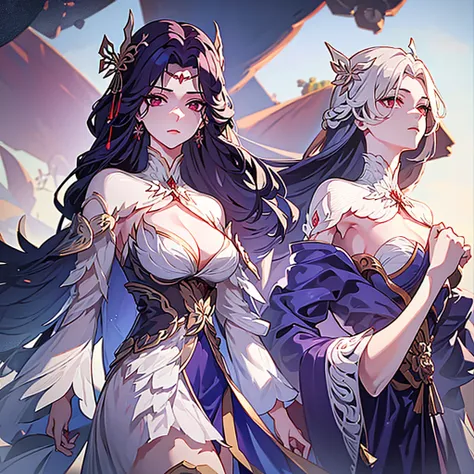 ((1 woman)), (one person),,big boobs,slim but curved body, (white long hair), (red Eyes), cold beauty, wearing Chinese crown,  wearing Chinese outfit, ((high quality)), ((4k)), flying above a Sword, ((detailed eyes)), perfect face,, ((perfect body)), (perf...