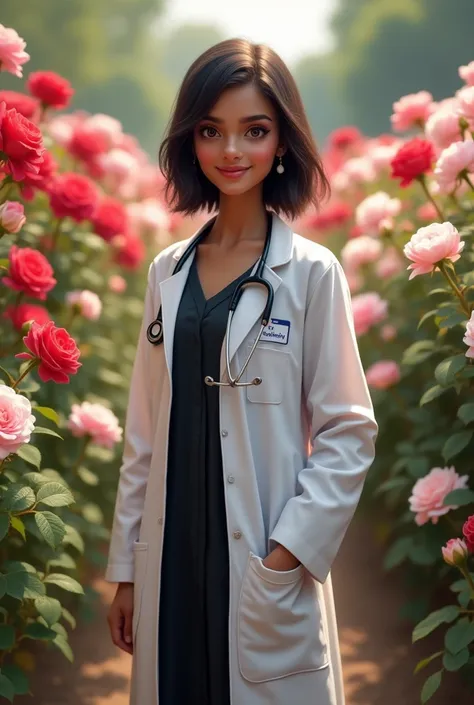 A fair indian girl wear black gown and a doctor white coat. She has a name batch on her coat which is named"Dr. Roshiya ". She wear a stethoscope on her neck.she stand in a rose garden