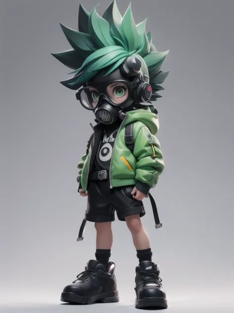 ((一人in,Looking))_in_Audience,green_eye,Simple_background,shirt,black_((Soft Mohawk)),One person,black、Glasses、Are standing,WhiteJacket,full_body,male_concentrated,Multicolor_Short Hair,shoes,gasmask,black_Shorts,ring,spike_White_Jacket,male_child,gas_mask,...