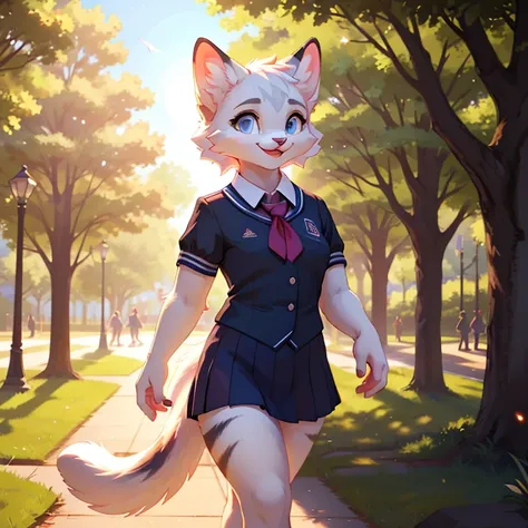 Masterpiece, best quality, high quality, 1Female White cat, Solo, furry, White fur, Black fur stripe, has Blue eyes, wears school uniform, happy expression, walking, in the park, dynamic lighting, illustration, beautiful, particles 4k, highres, ultra-detai...