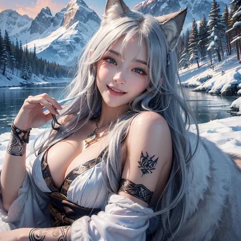 Lakeside surrounded by snowy mountains、Hair Flow、 ((Highest quality、masterpiece、8k、Best image quality、Ultra-high resolution、Award-winning works)、(Accurate anatomy:1.1)、(Look at me and smile:1.1)、Shining fair skin with Ultra-high resolution、The most detaile...