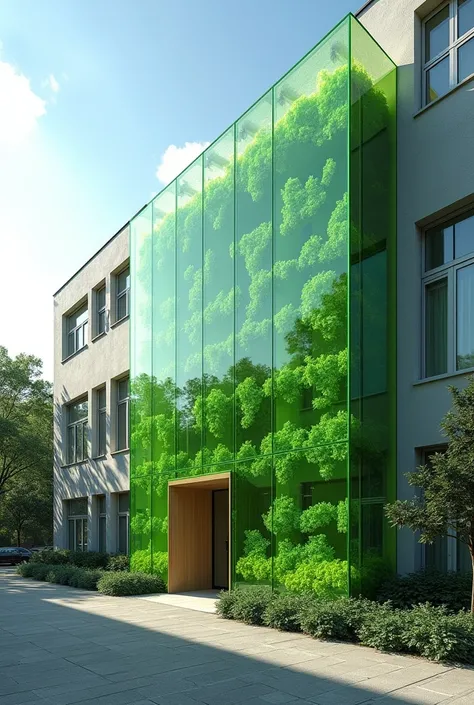 Picture a green, water wall on the side of a school building, with sleek algae panels that appear like vertical glass panes filled with liquid. The panels are alive, constantly generating electricity, which is showcased inside the building at an interactiv...