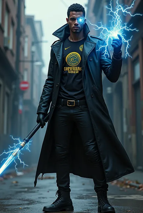 Make a mix of the rapper Sabotage with Super Shock, He is wearing a black coat and a Corinthians shirt and has an electric baton in his hand. (he has electrical powers)