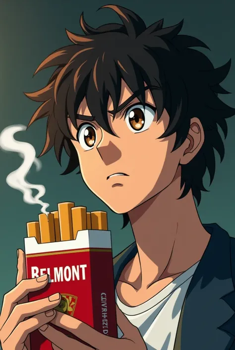 Chico, serious face, frown, brown eyes and curly hair, 90s anime style, smoking, looking up with a pack of Belmont red cigarettes
Film grain image style