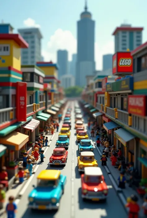 Tilt shift photography a bustling lego komtar city on the island of penang, highly detailed miniature buildings, detailed lego people, vintage cars, public transportation, colorful street markets, dynamic lighting, cinematic composition, photorealistic, 8k...