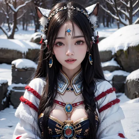 Hiding in the snowy mountains、Hair Flow、 ((Highest quality、masterpiece、8k、Best image quality、Ultra-high resolution、Award-winning works)、(Accurate anatomy:1.1)、(Look at me and smile:1.1)、Shining fair skin with Ultra-high resolution、The most detailed face、Ul...