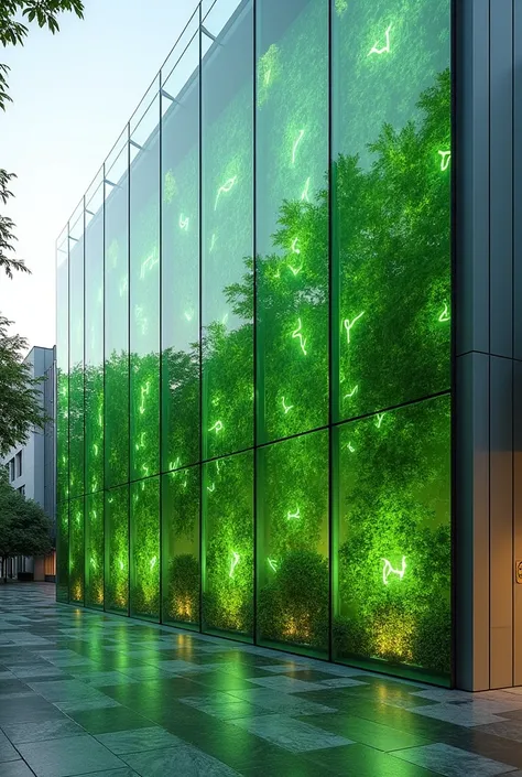 Picture a green, water wall on the side of a school building, with sleek algae panels that appear like vertical glass panes filled with liquid. The panels are alive, constantly generating electricity, which is showcased inside the building at an interactiv...