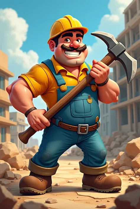 Make me photo of cartoonish construction worker holding a pick axe