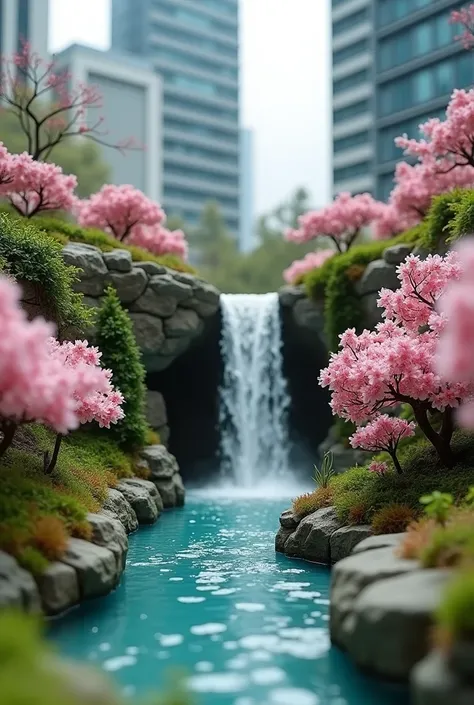 Miniature landscape scene a Kuala Lumpur city centre, Sakura flower, waterfall, water flow out the building, bleeding the interior, outdoor scene