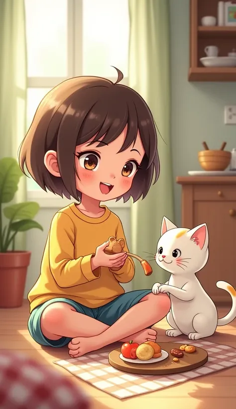 a cat eating foods with a girl