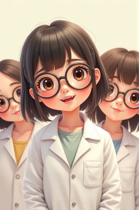 Smiling chubby girls with bangs and eye glasses, wearing a white coat. 