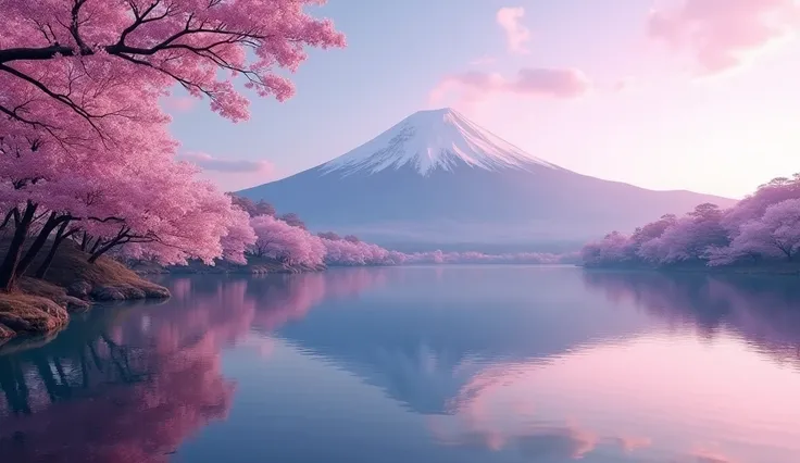 masterpiece,Highest quality,(Ultra-high definition CG Unity 8K wallpaper),(Highest quality),mount.Mt.Fuji and lake,Beautiful mount. Mt. Fuji reflected on the water,Reflection of light,Asahi,Plum blossom