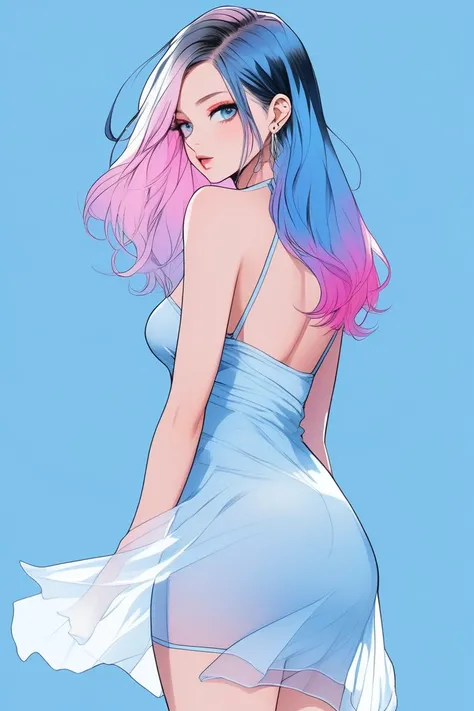 Illustrator, anime , Realistic ,sketch , 1 person, model, Age 25, lip, Sheer chiffon mini dress, order, Blue gradient background, Neon Hair, Big Breasts, look back, Sexy look, Texture Trim, Canadian, (masterpiece,Highest quality) 