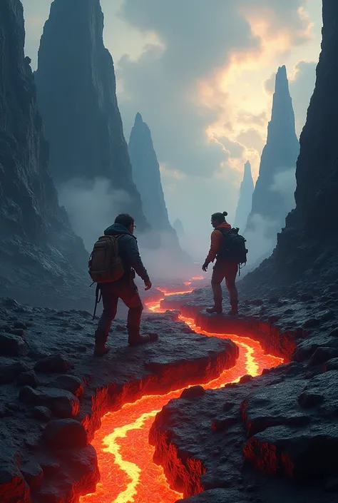 a dramatic landscape, two men exploring a lava-filled volcanic base, Lego tilt shift photography, best quality, 8k, highres, masterpiece, ultra-detailed, realistic, photorealistic, photo-realistic, HDR, UHD, studio lighting, ultra-fine painting, sharp focu...