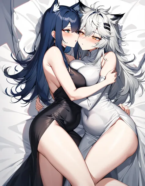 2women,Texas(Arknights),Lappland(Arknights),dark blue hair(Texas),white hair(Lappland),animal ears,curvy bodies, big breast,big thighs, wearing Muslim dresses, hugging each other, laying on bed, kissing,nsfw.