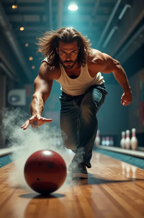 Create an epic image of a man with brown hair, how he bowls a strike