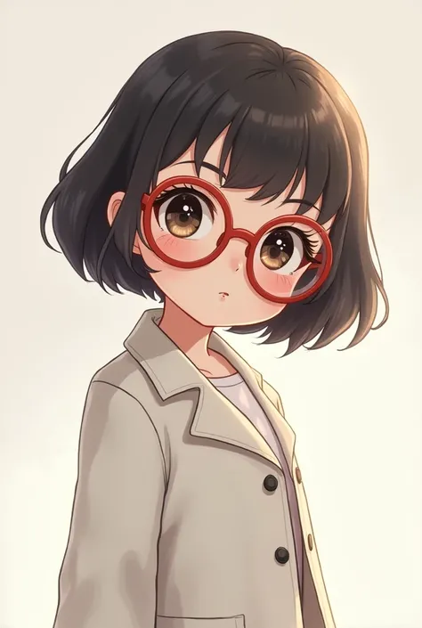 cute pouting girl with big eye glasses, wearing a white coat. 