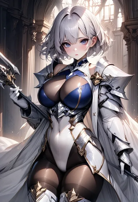 ((highest quality)), ((masterpiece)), ((hyperrealistic)), (solo), 1girl, ((curvy)), ((Tight and digging into the skin: 1.2)), perfect face, ((Azur Lane)), ((armored dress)), ((white paladin armor)), ((skin-tight pantyhose leotard: 1.4)), ((white knight arm...