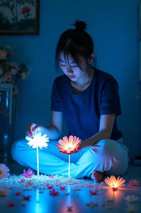 realistic photography, fantasy, a Japanese woman sitting on dark room, wearing navy t-shirt, white trousers , creating glowing flowers spelling out the words "Bing Ai Artistry Collective", glowing blue light, dynamic color, there is flowers scattered aroun...