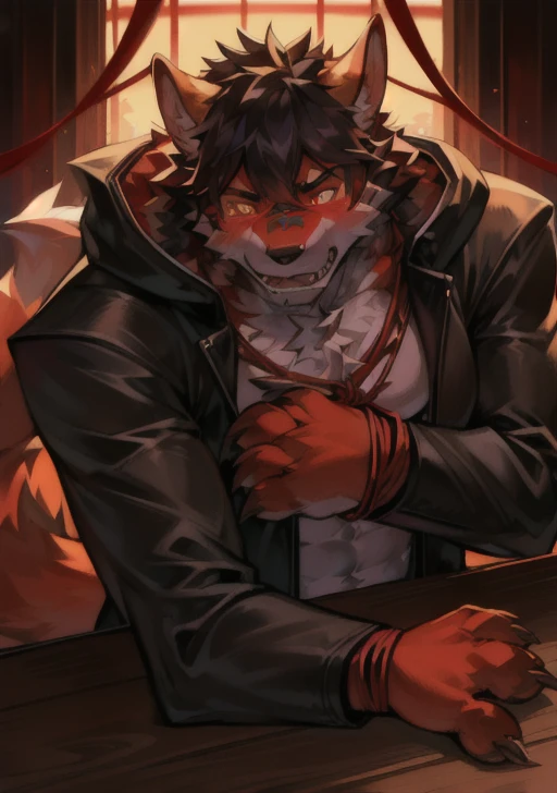 male，Orcs，Similar to humans，But the whole body is covered with animal hair，And most of the animal features，一只黑白毛狗Orcs，furry，male，youth，Stronger body，Wearing a black trench coat，Decorated with red rope，Animal anthropomorphism，There are animal claws and tail...