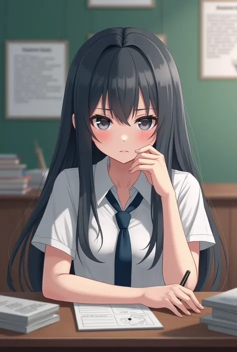 A girl with long, dark gray hair, wearing a white short-sleeved shirt, with gray eyes, wearing a dark blue tie, is sitting in class.