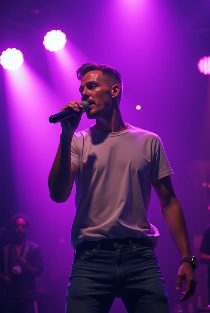 Handsome man crew cut hair wearing t-shirt and jeans, singing on the stage, purple spotlight on the background, karaoke party atmosphere 