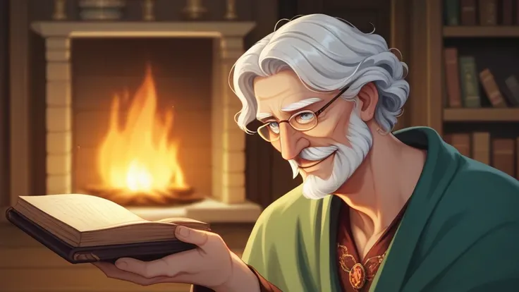 A close-up shot of a wise, elderly storyteller in a warm, cozy room with a glowing fireplace softly lighting the background. The man has a gentle smile and deep, expressive eyes, framed by a long white beard and wisps of silver hair. He wears a vintage, ea...