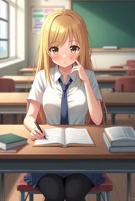 A blonde girl is sitting in class wearing a uniform.