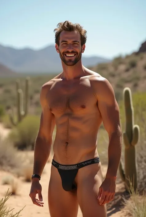 Theo James looking straight ahead smiling, Naked in the desert, Naked you can see his erect penis and testicles, full body, there are cacti and weeds, is in a sexy pose, showing his genitals