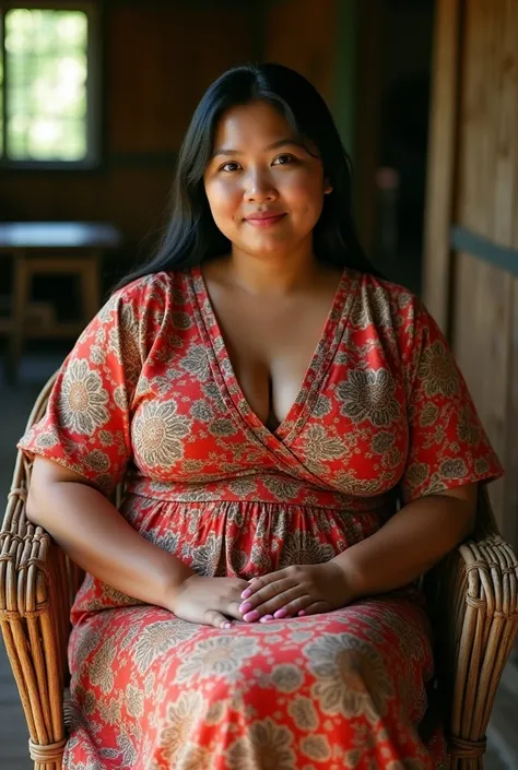 (hyperrealistic photo), exotic indonesian woman, plump, natural big breasts, knee-lenght batik housedress with intricate floral details, sit on rattan chair, looking at the viewer, natural light, wide angle full-body shot, indonesian village house in the b...