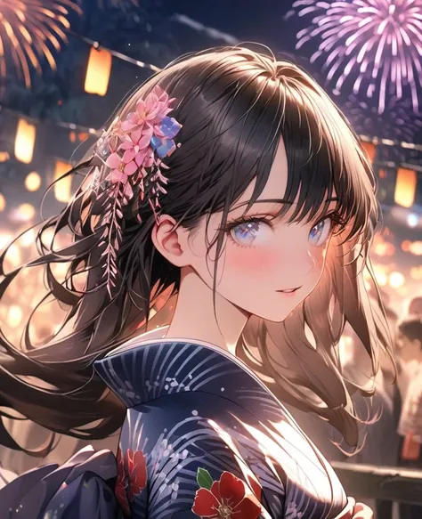 8k,Ephemeral beauty，Very delicate and beautiful,Beautiful and realistic skin,Shining like a jewel,Black Hair、Long and colorful hair,Beautiful Eyes,good,Beautiful night sky、firework、yukata、
