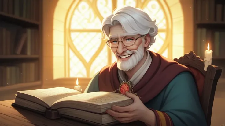 A close-up shot of a wise, elderly storyteller in a warm, cozy room with a glowing fireplace softly lighting the background. The man has a gentle smile and deep, expressive eyes, framed by a long white beard and wisps of silver hair. He wears a vintage, ea...