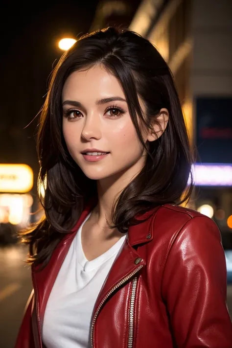 Best quality, realistic, from the front in first person, Nina Dobrev on the streets of Los Angeles, (a female mexican Supermodel), (sexy red leather jacket :1.1), split, seductive smile, (dark hair), (hairstyle:1.0), Perfect eyes, sharp parts, detailed fac...