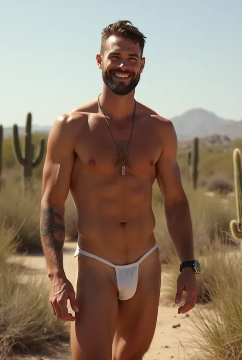 Theo James looking straight ahead smiling, Naked in the desert, Naked you can see his erect penis and testicles, full body, there are cacti and weeds, is in a sexy pose, showing his genitals