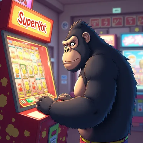 gorilla、Playing pachinko、The words &quot;Super Hot&quot; appear on the screen of a pachinko machine、gorillaの後ろから撮っている、looking at the camera、smile、anime