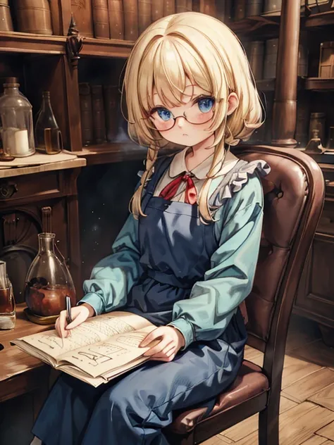 masterpiece, Highest quality, Very detailed, 8k, Ultra-high resolution, Cowboy Shot, One , Detailed face、Perfect Fingers, blue eyes, Glasses, blonde, Long Hair, Braiding, Red ribbon on head, Blue clothes, White apron, Luxurious Western-style building, libr...