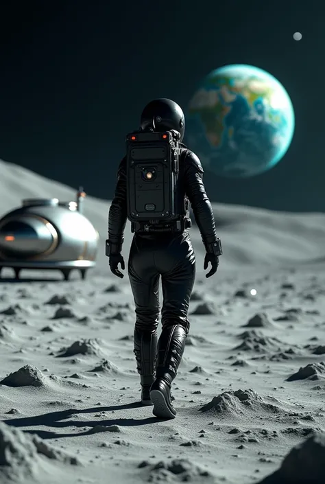 Astronaut, Black suit, walk on The moon, spacecraft landed behind her, earth on The Horizon. Cinema style, 4k, great angular