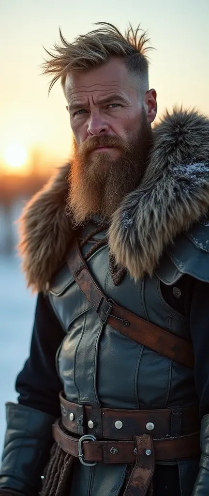 An ultra-realistic and highly detailed photograph of a Viking warrior with his messy blonde hair, masculine face, and wild beard, featuring piercing blue eyes. He is wearing comfortable winter clothing as it is snowing. His body is robust and imposing, wit...