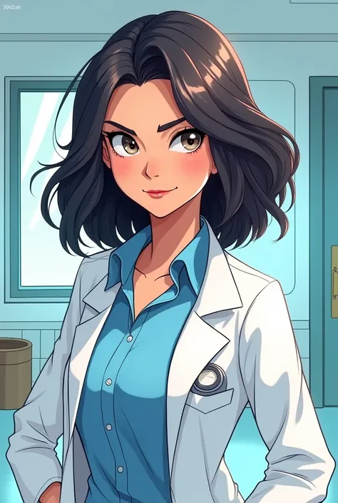 fierce beautiful girl with medium length haired, wearing a white medical coat. Cartoon version