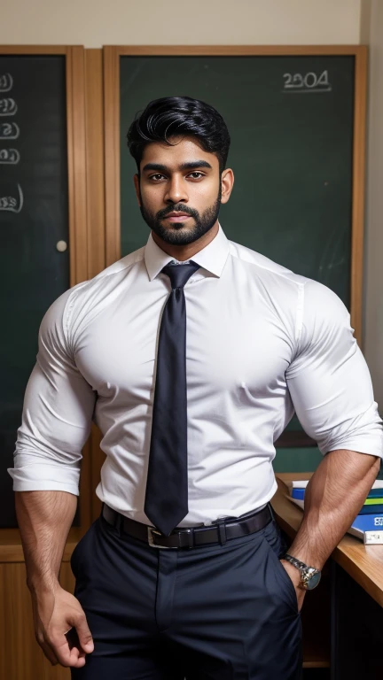 Two indian person (handsome hunk teacher, young boy) in one photo in school. 18 years old young clean shaved boy in school uniform. 30 years old handsome beared hunk teacher in formal suit masculine strong bodybuilder boy with huge wide muscular shoulders,...