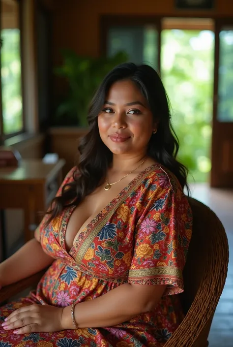 (hyperrealistic photo), exotic beautiful indonesian woman, plump, natural big breasts, knee-lenght batik housedress with intricate floral details, sit on rattan chair, sensual pose, naughty expression, looking at the viewer, natural light, wide angle full-...