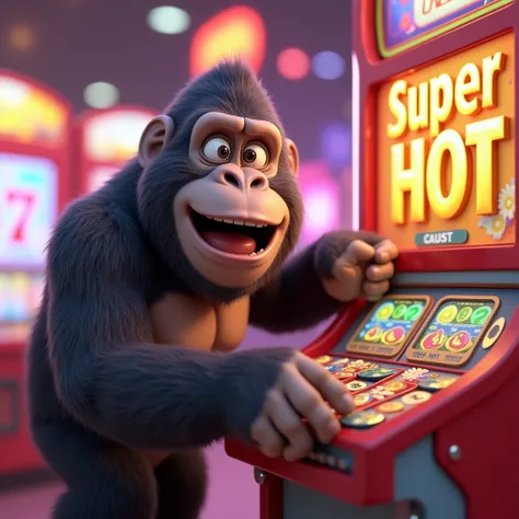 gorilla、Playing pachinko、The words &quot;Super Hot&quot; appear on the screen of a pachinko machine、gorillaの後ろから撮っている、looking at the camera、smile、3D Animation