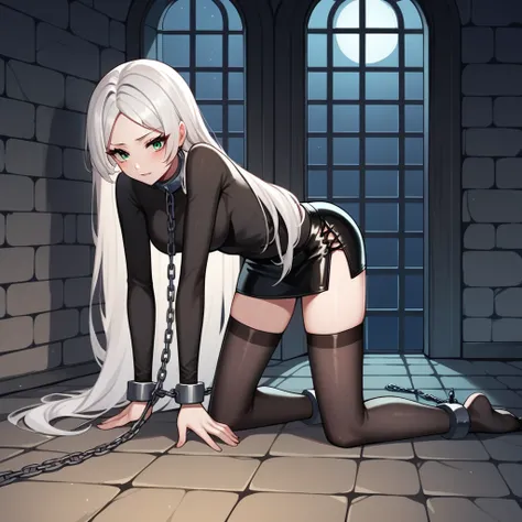 check_9, check_8_up, check_7_up, check_6_up, check_5_up, check_4_up, source_anime, 1 woman, get down on your knees, White hair, straight hair, Very long hair, playful look, WW chain, shackles, Came down with a weapon, doors, clean hair, black top, long sle...